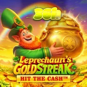 Interface do jogo Leprechaun’s Gold Streak Hit The Cash mostrando o pote de ouro e símbolos de moedas.